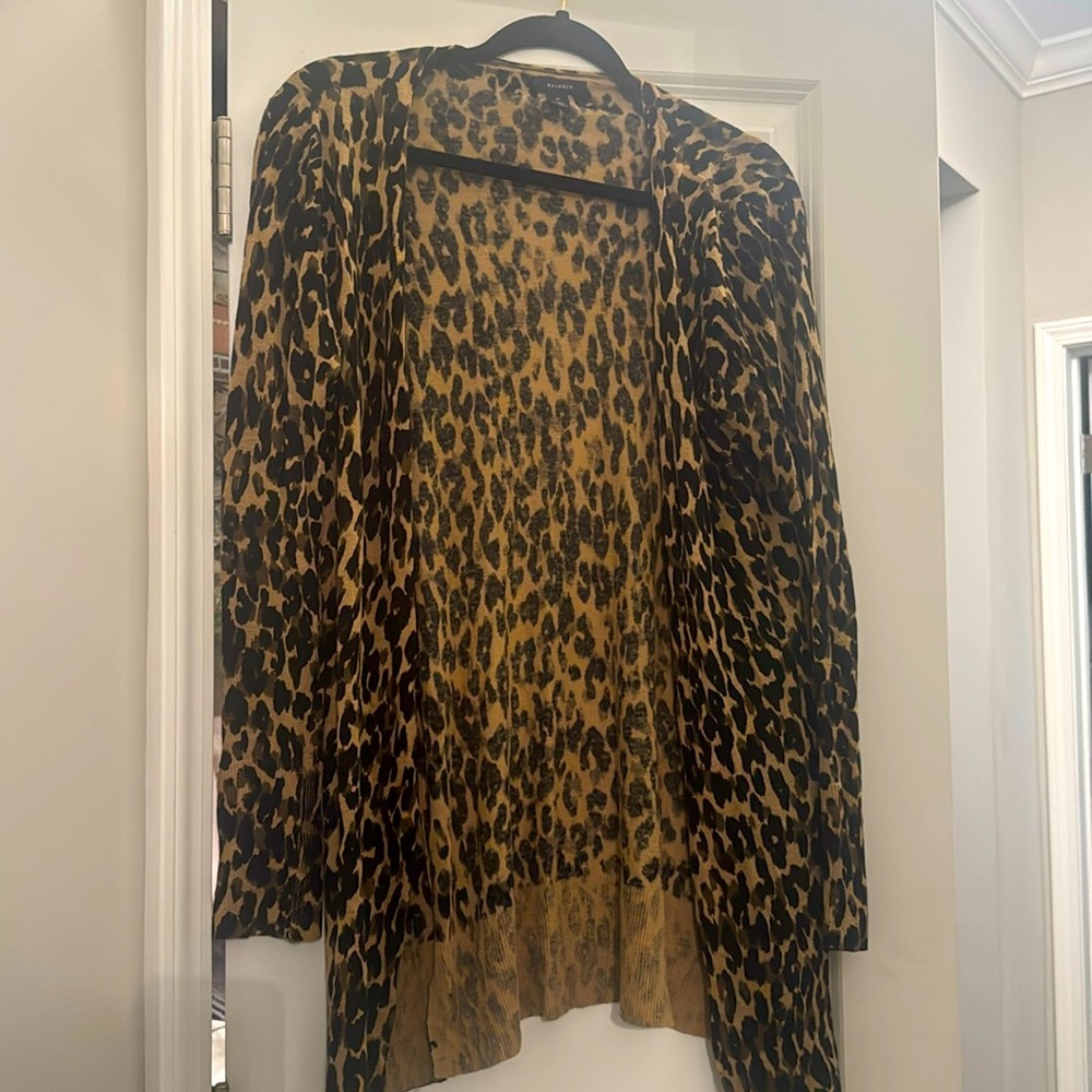 HALOGEN Linen Blend Open Leopard Print Cardigan medium